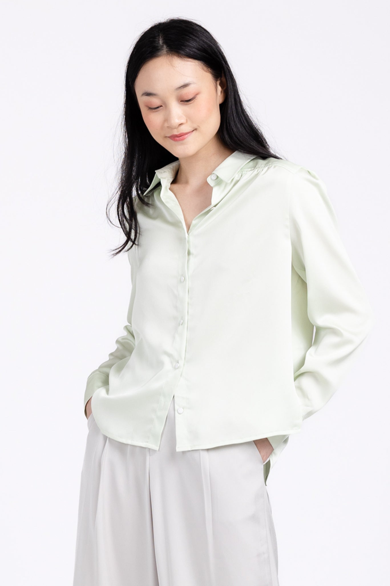 MAY Silk Button Down Blouse (Green)