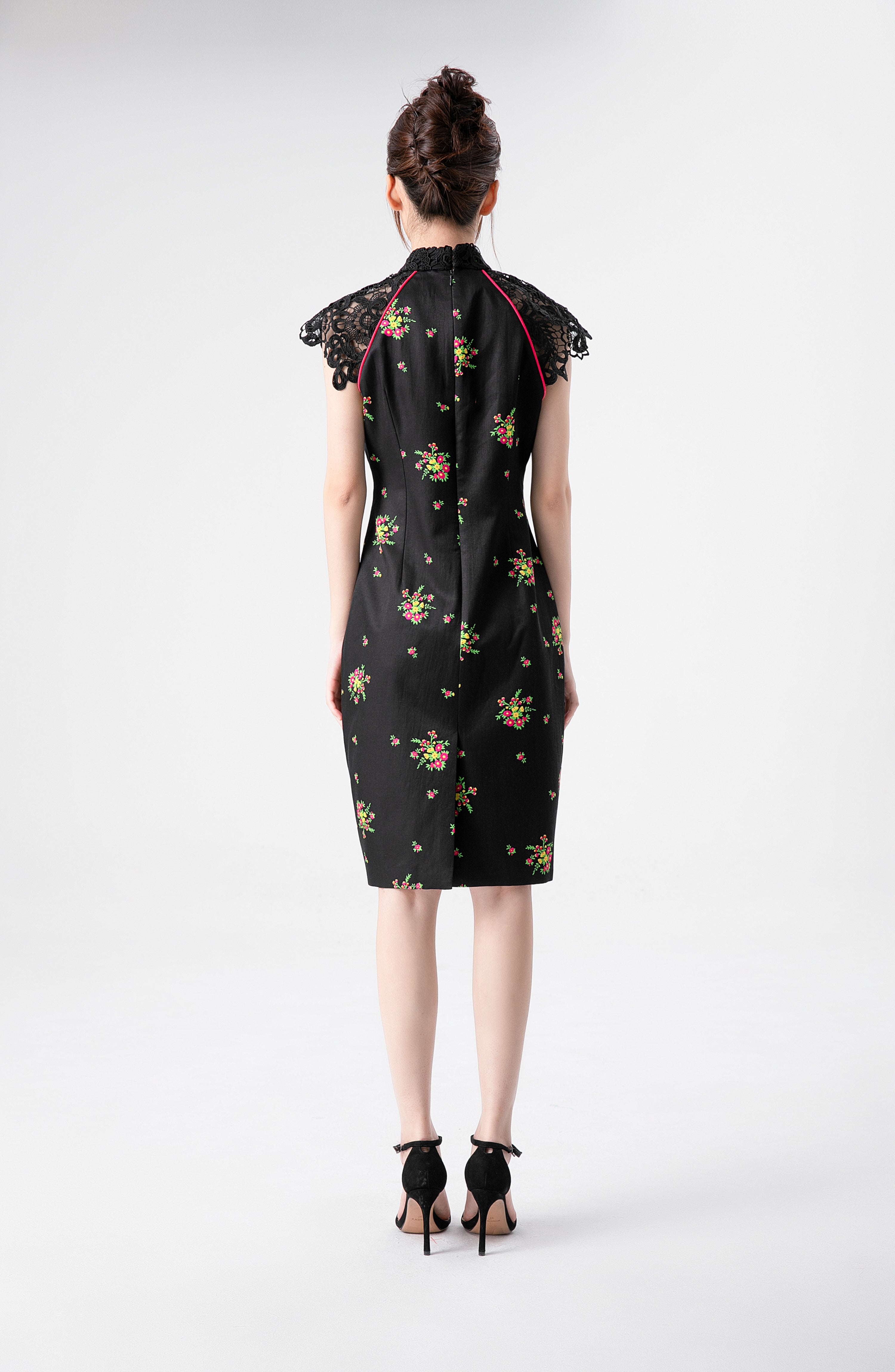 Lace Sleeves Floral Print Cheongsam