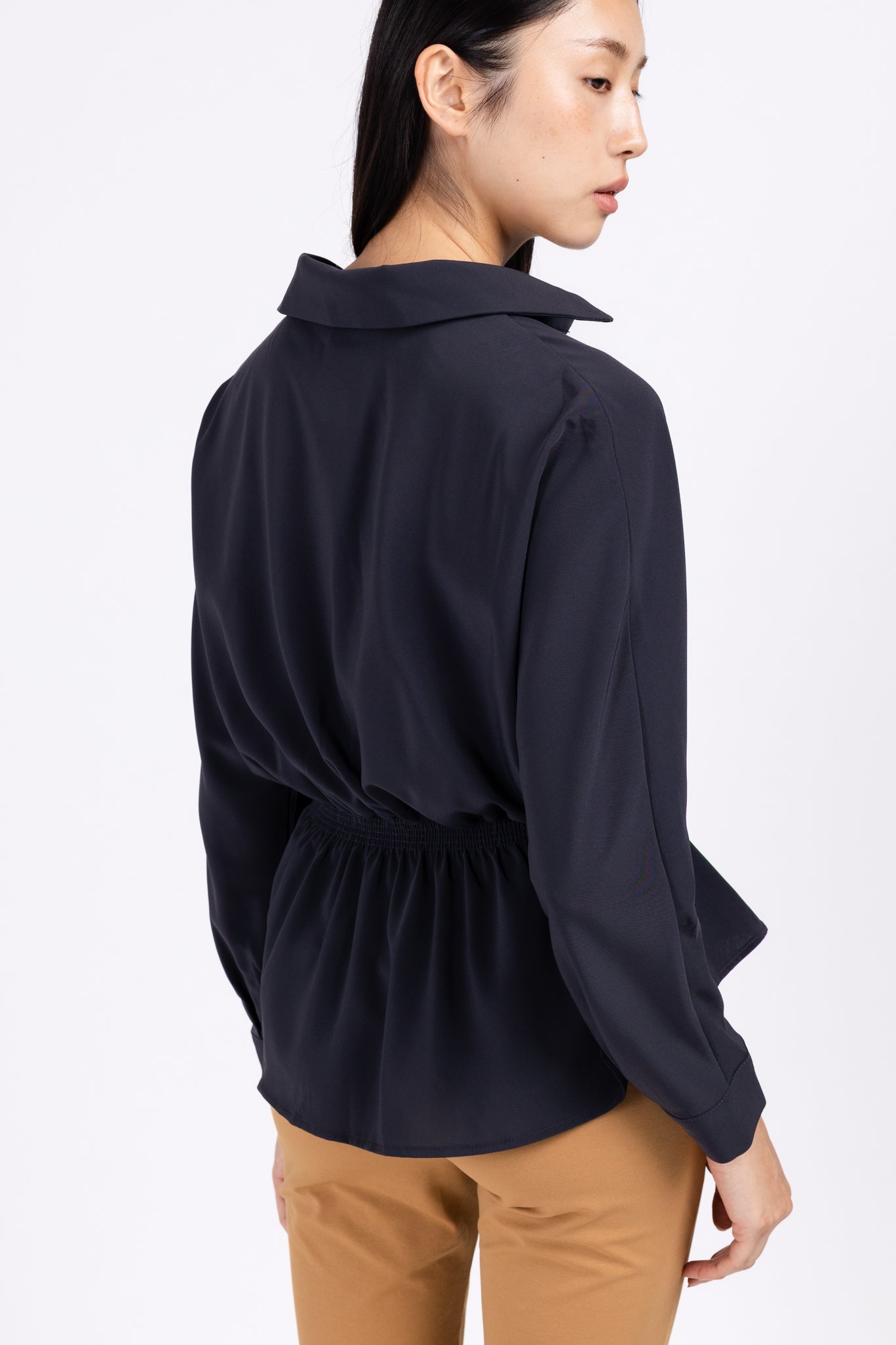 LOLA Front Drape Waist Fitted Blouse (Black)